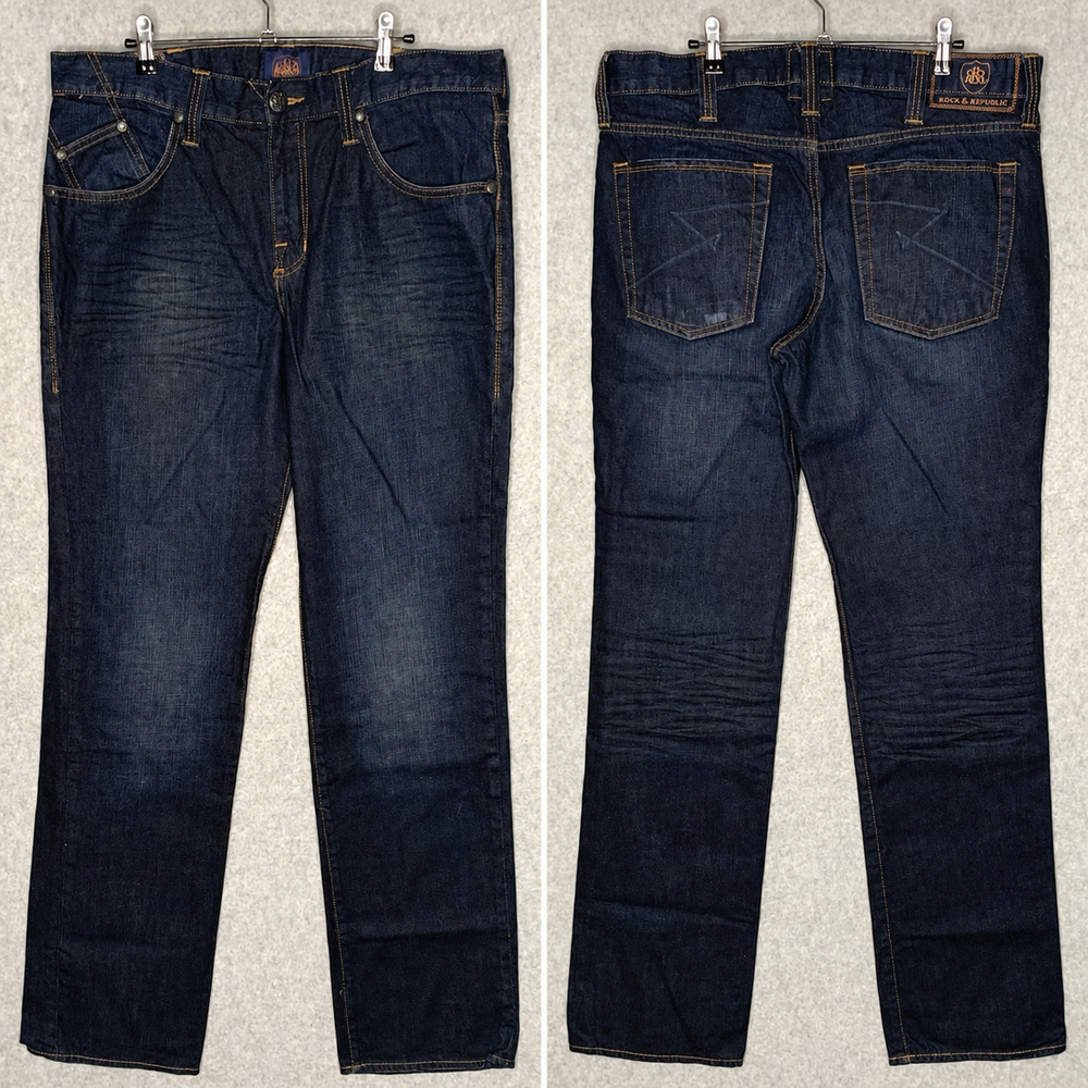 Rock & Republic Mens 36x34 Dark Wash Rigid Straight Leg Y2K Jeans